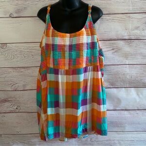 Torrid Womens 6X Colorful Plaid Babydoll Dress Tunic Smocked Sleeveless